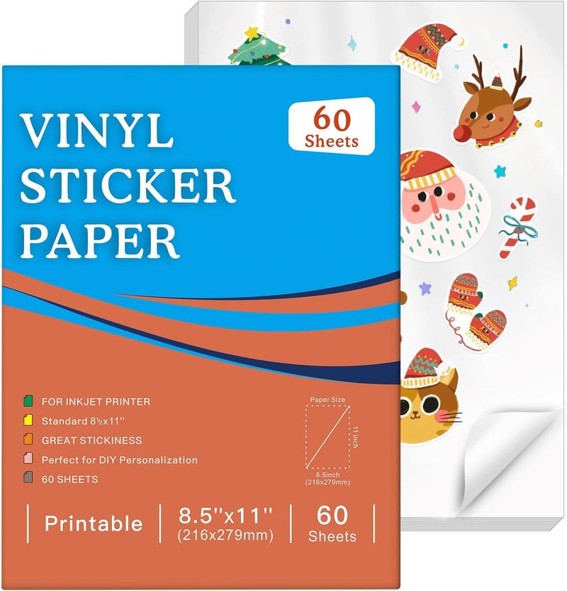 Aevdor 60 Sheets Premium Printable Vinyl Sticker Paper for Inkjet Printer, Glossy White Waterproof, Dries Quickly, Vivid Colors, Tear Resistant, 8.5x11 Inkjet Vinyl Sticker Paper Great for Cutting Machines - Image 1
